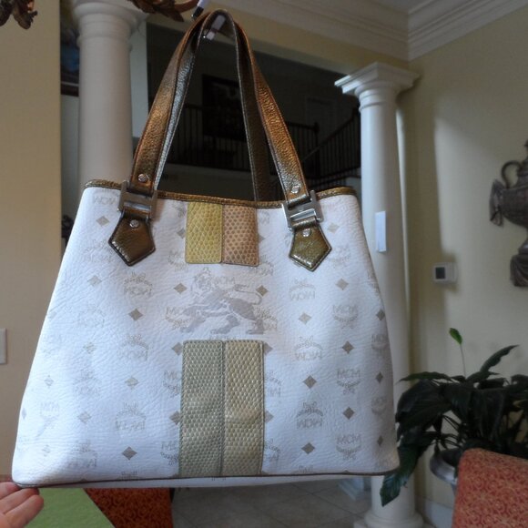 MCM White/Gold Signature Logo Napa Leather Tote & Pouch Set /Snake Print Detail - Picture 1 of 16